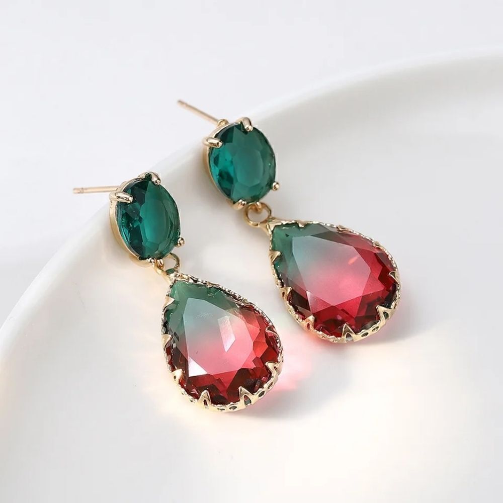 Gemstone Drop Earrings Red Green Gold plated Fashion - Picture 4 of 4